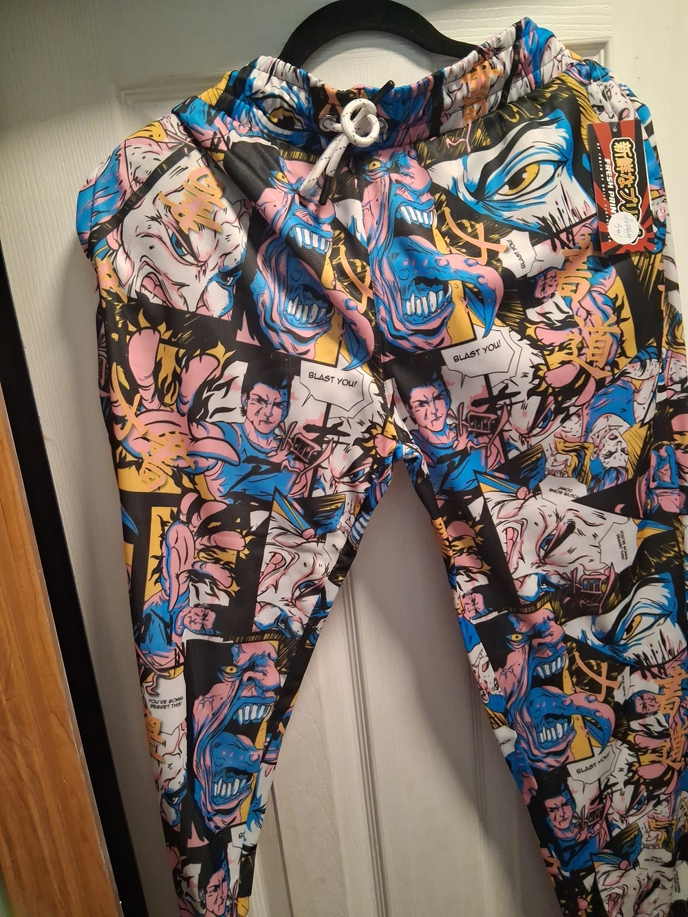 Graphic Comic-Print Mens Joggers in Blue/Pink/Yellow